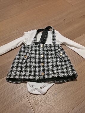 Rare Editions Black & White Tweed Suspender Dress with Gold Buttons